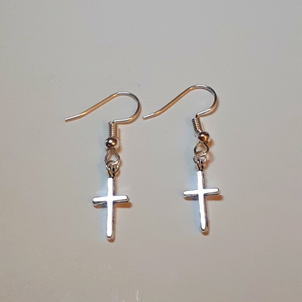 Cross Silver Plated Dangle earrings Handmade dainty nickel free drop earrings